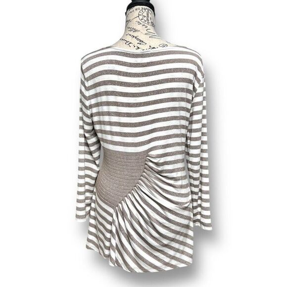 ECI NY Metallic Stripe Asymmetrical Pleated Top Beige Feminine Minimalist Size L - Picture 4 of 7